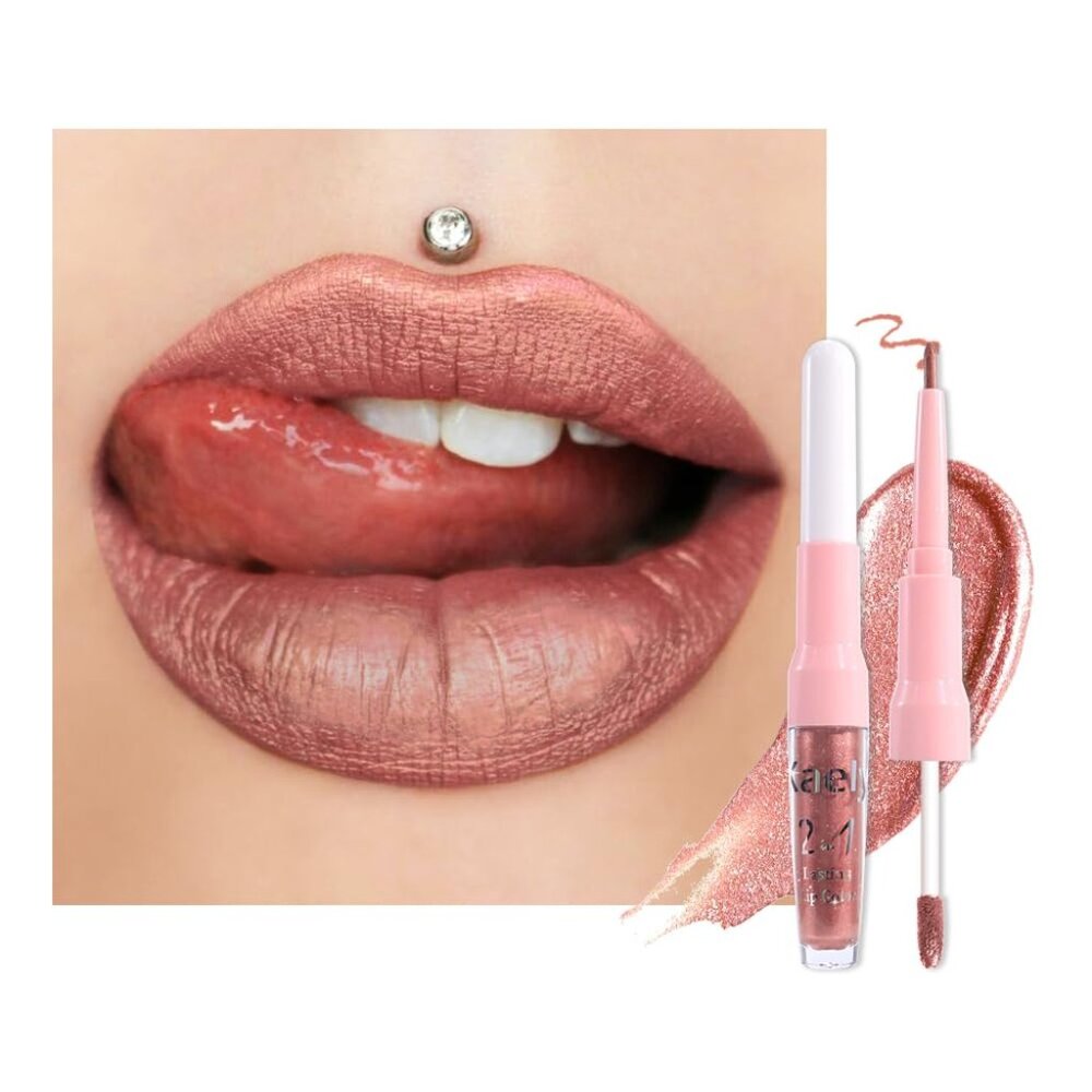 Kaely 2-in-1 Bronze Gold Metallic Lipstick Lip Liner, Shimmer Liquid